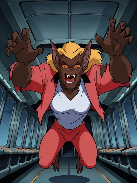 <lora:She-Bat_-_Batman_Animated_Illustrious_v2:1.0>, <lora:dcau234-illu3_r1:0.4>, <lora:takeda_hiromitsu_style_illustrious_goofy:0.4>, htbtas, pouncing, jumping, arms outstretched, reaching towards viewer, claw pose, orange sclera, blonde hair, torn clothes, white shirt, pink jacket, interior airplane cabin, bat ears, sexy