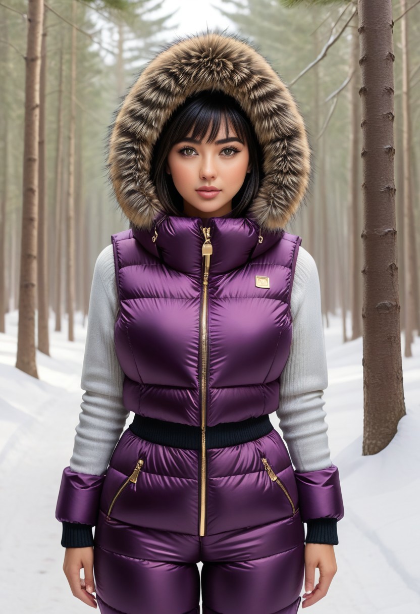 ((((puffer padded jacket)))), ((((puffer padded coat)))), ((((full body)))), ((((fur boots)))), ((((puffer pants)))), ((((puffer hood up)))), winter, snow, forest, 1girl, solo, (masterpiece), detailed face, detailed eyes, (beautiful detailed eyes:1.5), sidelighting, (super detail, hyper detail, intricate_details, detailed), (semi realistic:1.6), (Bob cut), blunt bangs,(black hair), (purple eyes, eyelashs), tanned skin, smug smile, angry face, Golden jewelery, golden rings, golden necklace, golden armlets, golden chains, padded collar, Thick padded collar, <lora:Collar-SDXL:0.6>, <lora:cropped_puffer_vest_v2:0.4>, <lora:snowpants_v1:0.4>