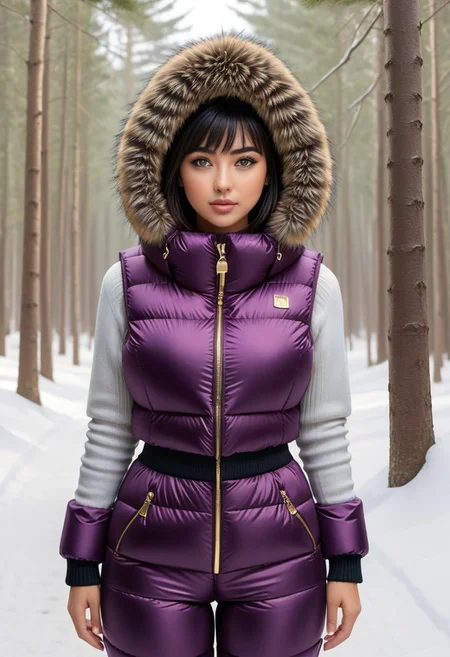 ((((puffer padded jacket)))), ((((puffer padded coat)))), ((((full body)))), ((((fur boots)))), ((((puffer pants)))), ((((puffer hood up)))), winter, snow, forest, 1girl, solo, (masterpiece), detailed face, detailed eyes, (beautiful detailed eyes:1.5), sidelighting, (super detail, hyper detail, intricate_details, detailed), (semi realistic:1.6), (Bob cut), blunt bangs,(black hair), (purple eyes, eyelashs), tanned skin, smug smile, angry face, Golden jewelery, golden rings, golden necklace, golden armlets, golden chains, padded collar, Thick padded collar, <lora:Collar-SDXL:0.6>, <lora:cropped_puffer_vest_v2:0.4>, <lora:snowpants_v1:0.4>