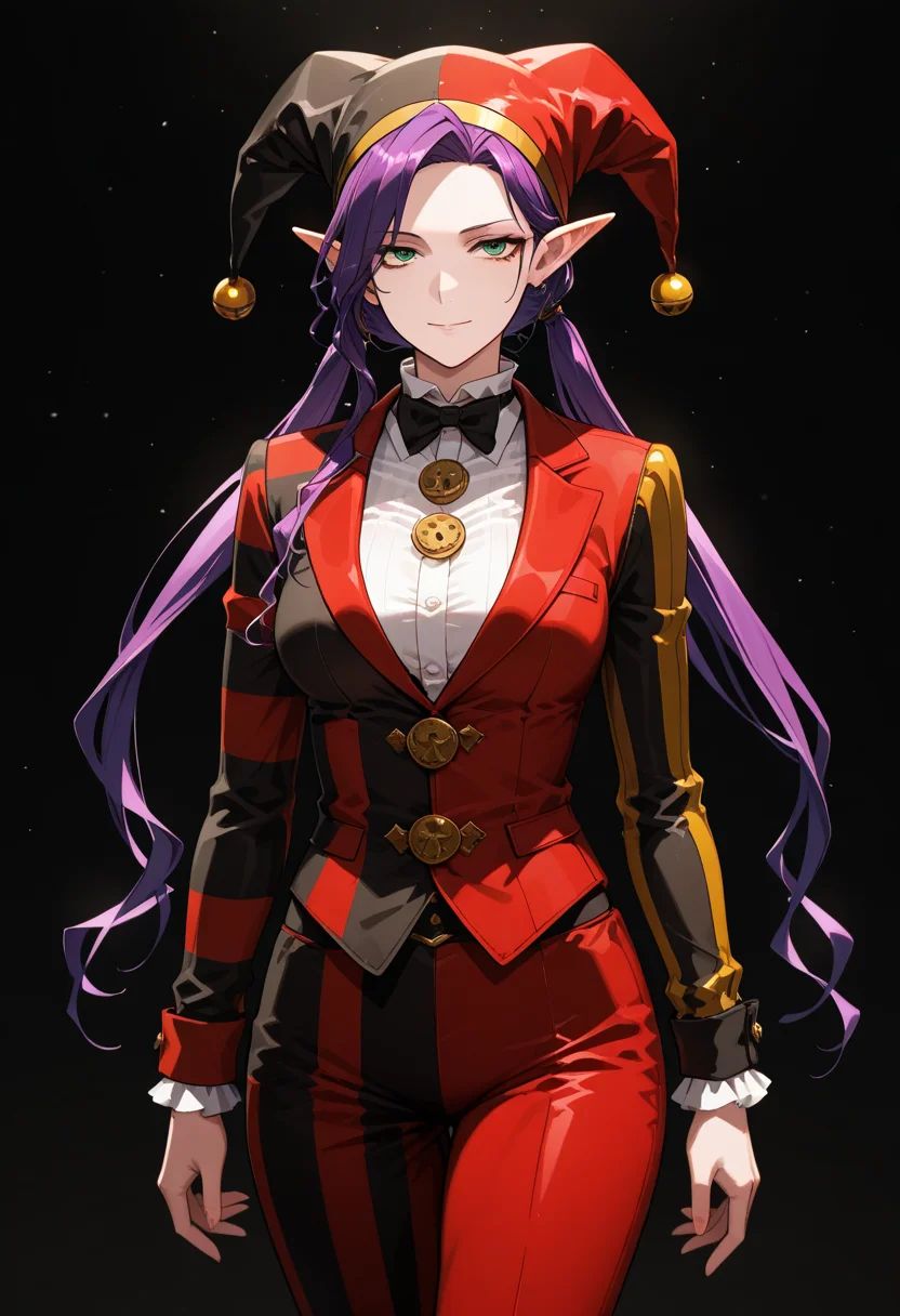 masterpiece, best quality, highly detailed, ultra-realistic, score_9, score_8_up, score_7_up, score_6_up,
1woman, solo, sporty female, mature girl, big woman, warrior women, Imina, slim, elf, twintails, long face, nice skin, long hair, purple hair, green eyes, looking at viewer, medium breasts,
jester's suit, striped suit, (red outfit, black outfit, multicolor), harlequin outfit, jester, classy, elegant, stylish, joker attitude, jester's cap with round bells,
tall woman, nice hips, detailed eyes, detailed face, empty hands, (cowboy shot),
fit, toned, stands proudly, outdoors, (black background:1.3), <lora:Imina_Overlord:1.5>