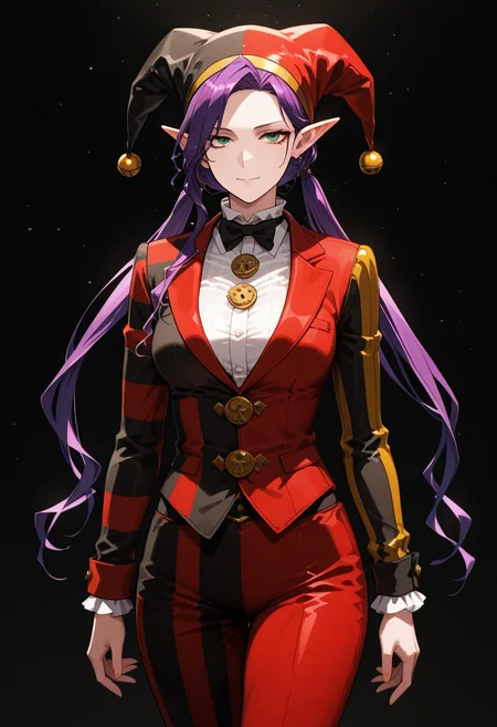 masterpiece, best quality, highly detailed, ultra-realistic, score_9, score_8_up, score_7_up, score_6_up,
1woman, solo, sporty female, mature girl, big woman, warrior women, Imina, slim, elf, twintails, long face, nice skin, long hair, purple hair, green eyes, looking at viewer, medium breasts,
jester's suit, striped suit, (red outfit, black outfit, multicolor), harlequin outfit, jester, classy, elegant, stylish, joker attitude, jester's cap with round bells,
tall woman, nice hips, detailed eyes, detailed face, empty hands, (cowboy shot),
fit, toned, stands proudly, outdoors, (black background:1.3), <lora:Imina_Overlord:1.5>