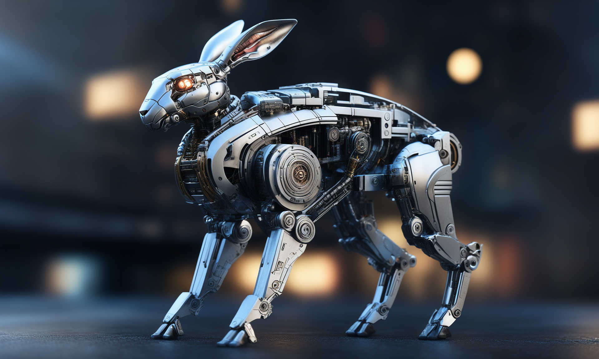 <lora:mechcd_xl-000007:0.8>,a (mechcd_xl,mech,cyberpunk,shiny,glowing,mechanical parts,joints,military) hare,cream theme,no humans,solo,long-focus,tilt-shift,outdoors,full body,cityscape,at night,dim light,glowing eyes,science fiction,dystopian,futuristic,intricate,chinese zodiac,still life,front view,facing viewer,looking at viewer, emotional,harmonious,high budget,moody,epic,gorgeous,perfect lighting,realistic,photorealistic,photographic,photo (medium),real,moody lighting,volumetric lighting,reality ray tracing,8K,HDR,UHD,masterpiece,best quality,highly detailed,high resolution,finely detail,extremely detailed,ultra detailed,wallpaper
