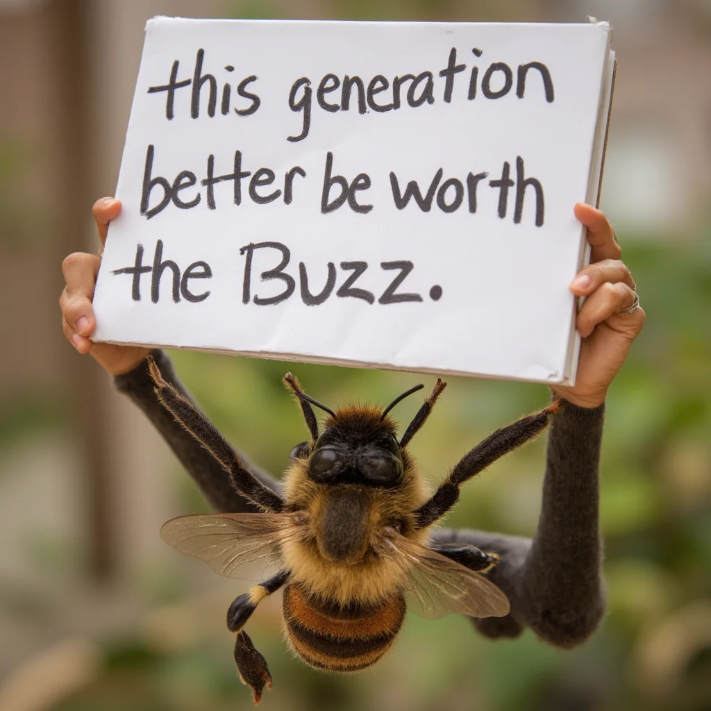 A bee holding up a sign that reads “this generation better be worth the Buzz”