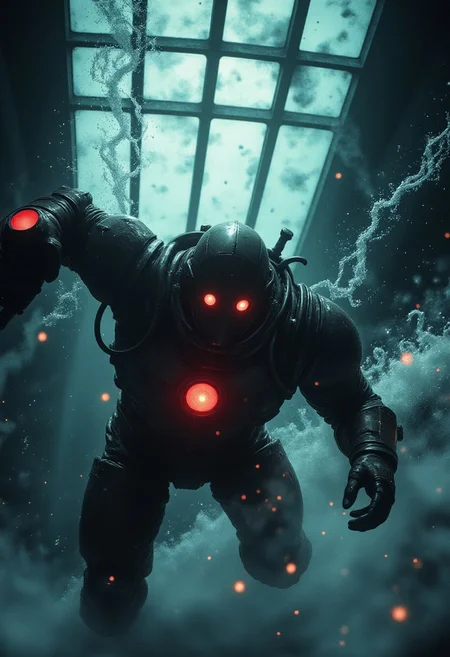 Intense close-up of a Big Daddy's torso and arms as he charges forward, his drill-weapon arm prominently featured. The heavy diving suit shows industrial details like pressure gauges, reinforced joints, and battle damage. The signature red porthole light casts an eerie glow through the murky water. Swirling particles and debris emphasize the movement, backlit by large facility windows. Hyper-detailed 3D artwork with underwater lighting effects. ethdysty, act1vate, fisheye, dynamic pose, Studio Ghibli Dark Fairytale, ajnatubli