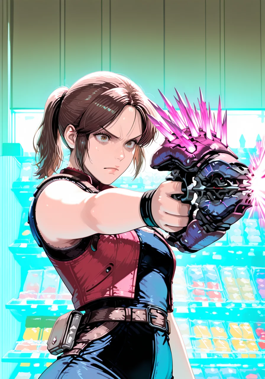 masterpiece, best quality, amazing quality, very aesthetic, absurdres, newest, needler_\(weapon\), claire redfield_\(resident evil\), needler_\(weapon\), crystals, 1girl, aiming, firing, solo, determined, indoors, grocery store,<lora:needler_v2.safetensors:1.0:1.0>