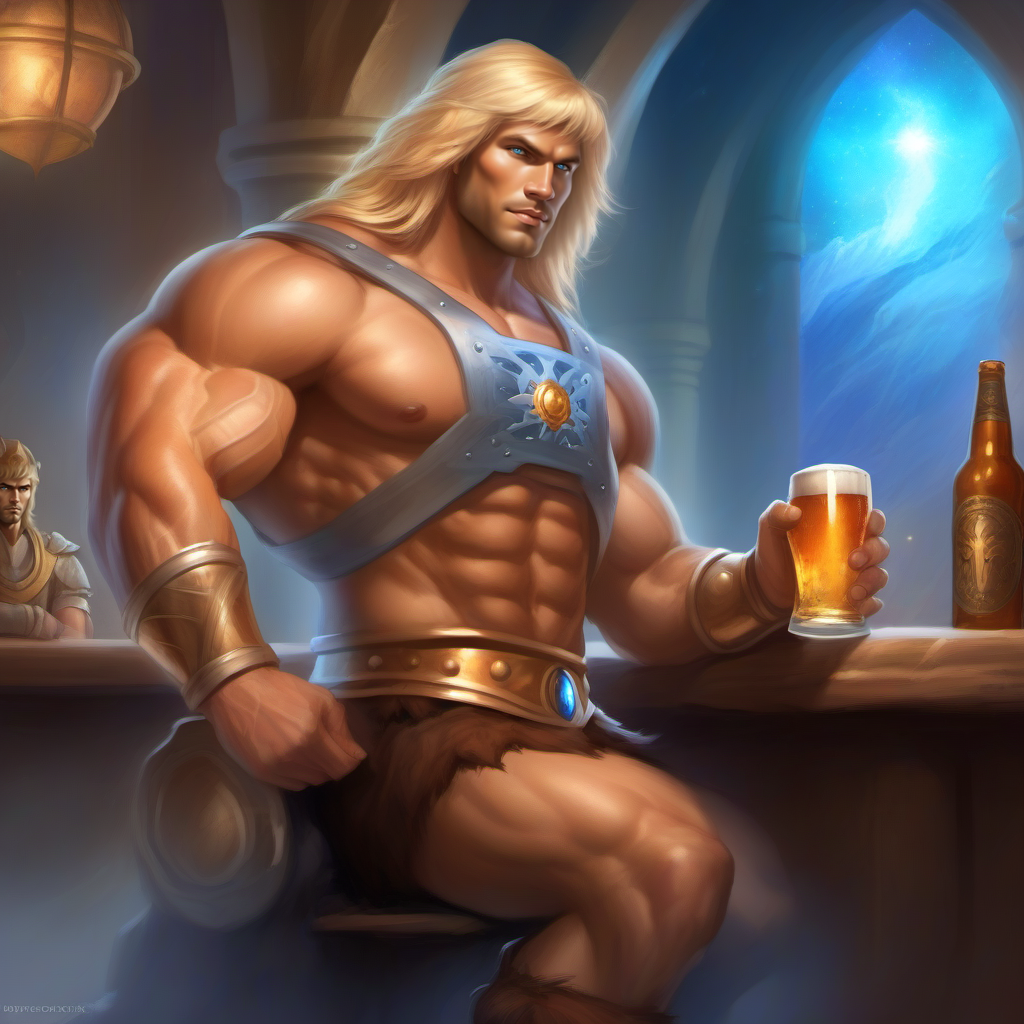 ethereal fantasy concept art of  a muscular man, blond long hair, blue eyes, boots, manly, armor, having a beer in a pub <lora:He-man1024:0.8> . magnificent, celestial, ethereal, painterly, epic, majestic, magical, fantasy art, cover art, dreamy