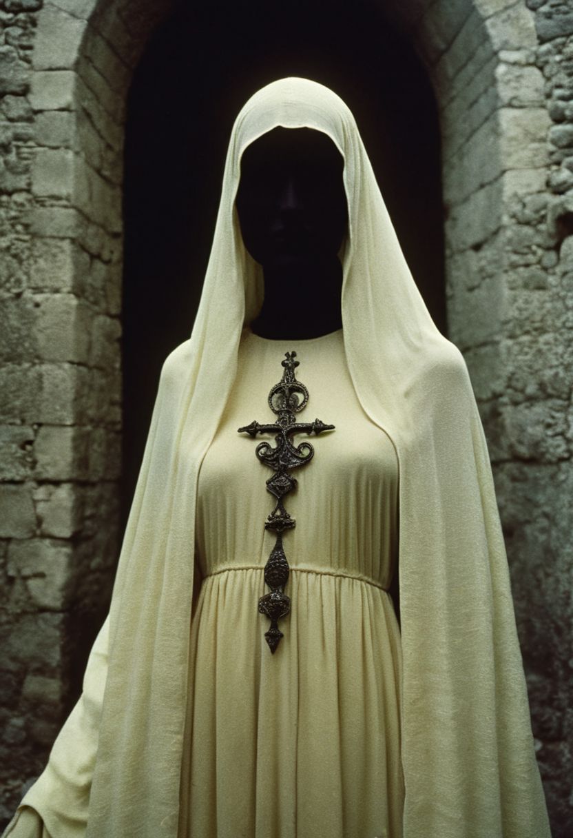 ral-ertmsphr carcosa city, in an medieval Castle, lightened By torches, Low Tones, 'portrait of busty holy pureerosface_v1 graceful hellraiser goddess' By Franco Fontana