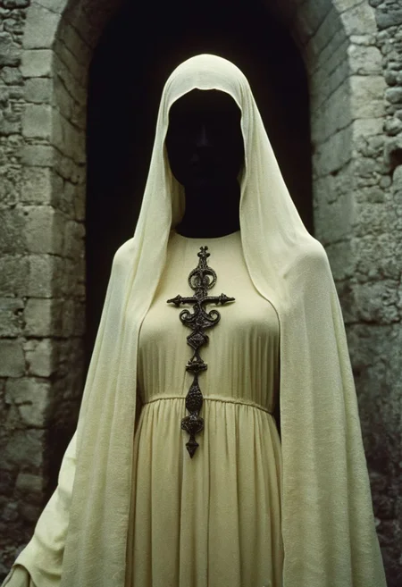 ral-ertmsphr carcosa city, in an medieval Castle, lightened By torches, Low Tones, 'portrait of busty holy pureerosface_v1 graceful hellraiser goddess' By Franco Fontana