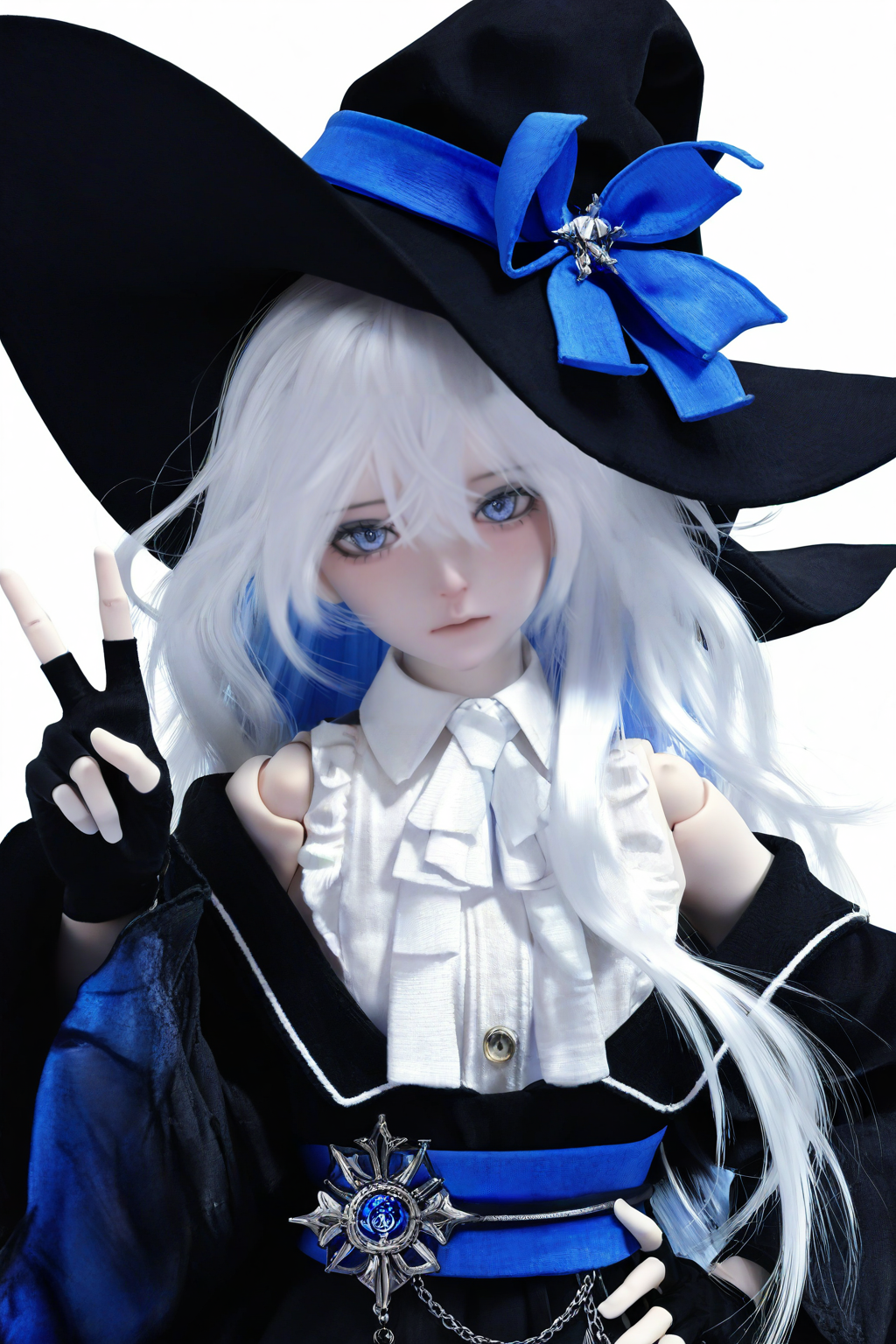 highres,absurdres,Visual impact,masterpiece,best quality,very aesthetic,newest,amazing quality,very awa,
doll joints,joints,<lora:DOLL-Style:0.8>,
\\,
(white background:1.6),(portrait:2),(upper body:1.5),looking at viewer,(straight-on:2),looking at viewer,
1girl,solo,ascot,black feather,blue bow,blue curtains,bow,hat bow,head tilt,white hair,messy hair,long hair,Witch hat,blue sash,blue doodle,wavy hair,bare shoulder,cold expression,black dress,black skirt,blue_ inner_hair,black fingerless gloves,uneven legwear,asymmetrical legwear,one leg wear white stocking,one leg wear black stocking,hand on own hip,v,