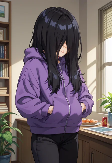 score_9, score_8_up,
1girl, <lora:NatsukoHirose_Zenshu_PDXL:0.9>, natsukohirose, black hair, long hair, hair over face,
purple hoodie, black pants,
indoors