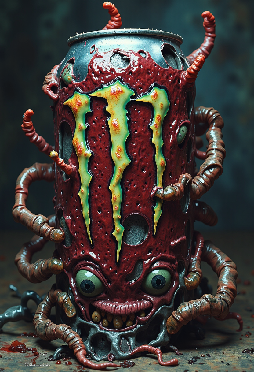 A large 24oz can of Monster Energy Drink and it's logo anthropomorphize as a creepy creature with arms, claws, fangs and (giant eyes:1.5). The arms and legs burst out from the metal can and the eyes amd mouth can be seen from jagged torn holes in the can.