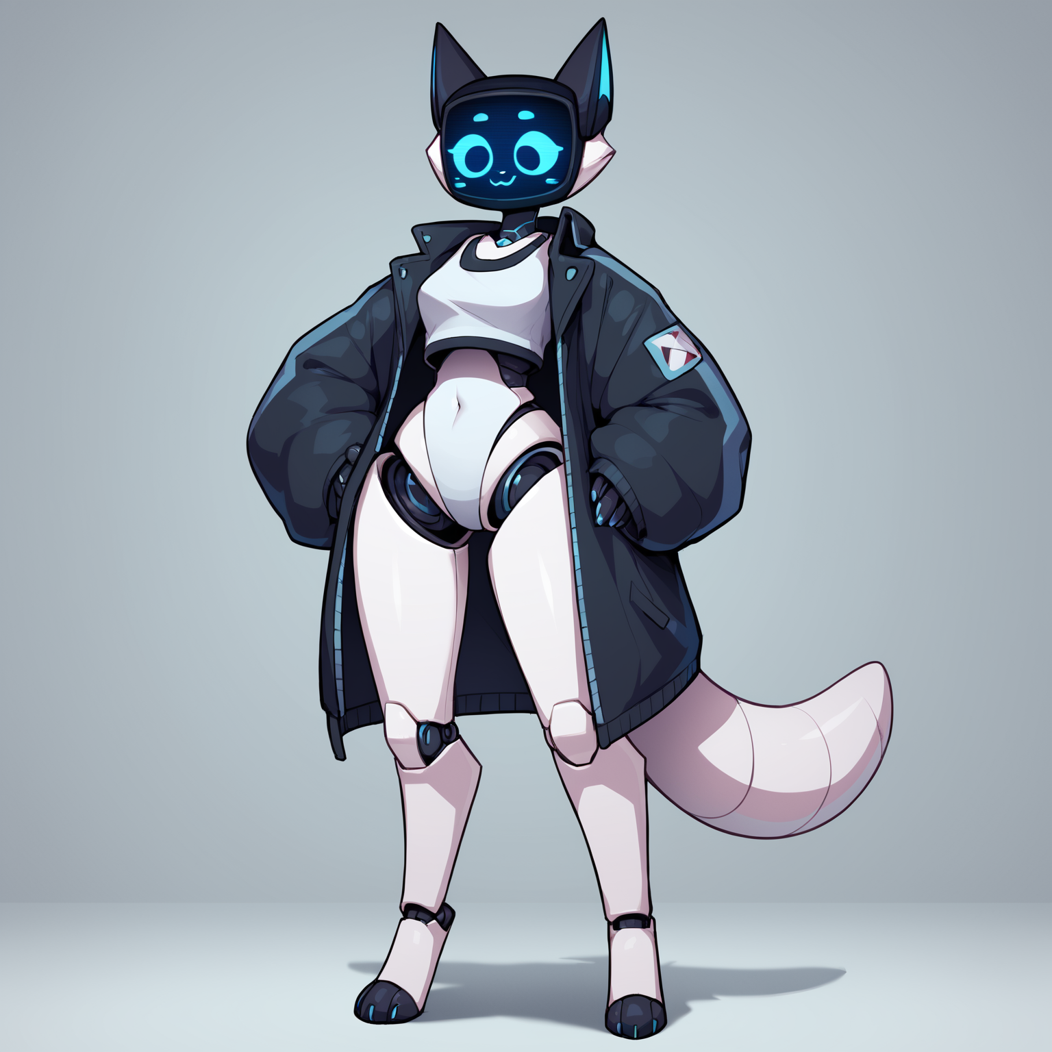 score_9, score_8_up <lora:Kerfus-PONY:0.8> kefus, anthro, robot joints, white body, screen face, female, solo, full body, standing, looking down, oversized jacket, open jacket, arms out, smile
