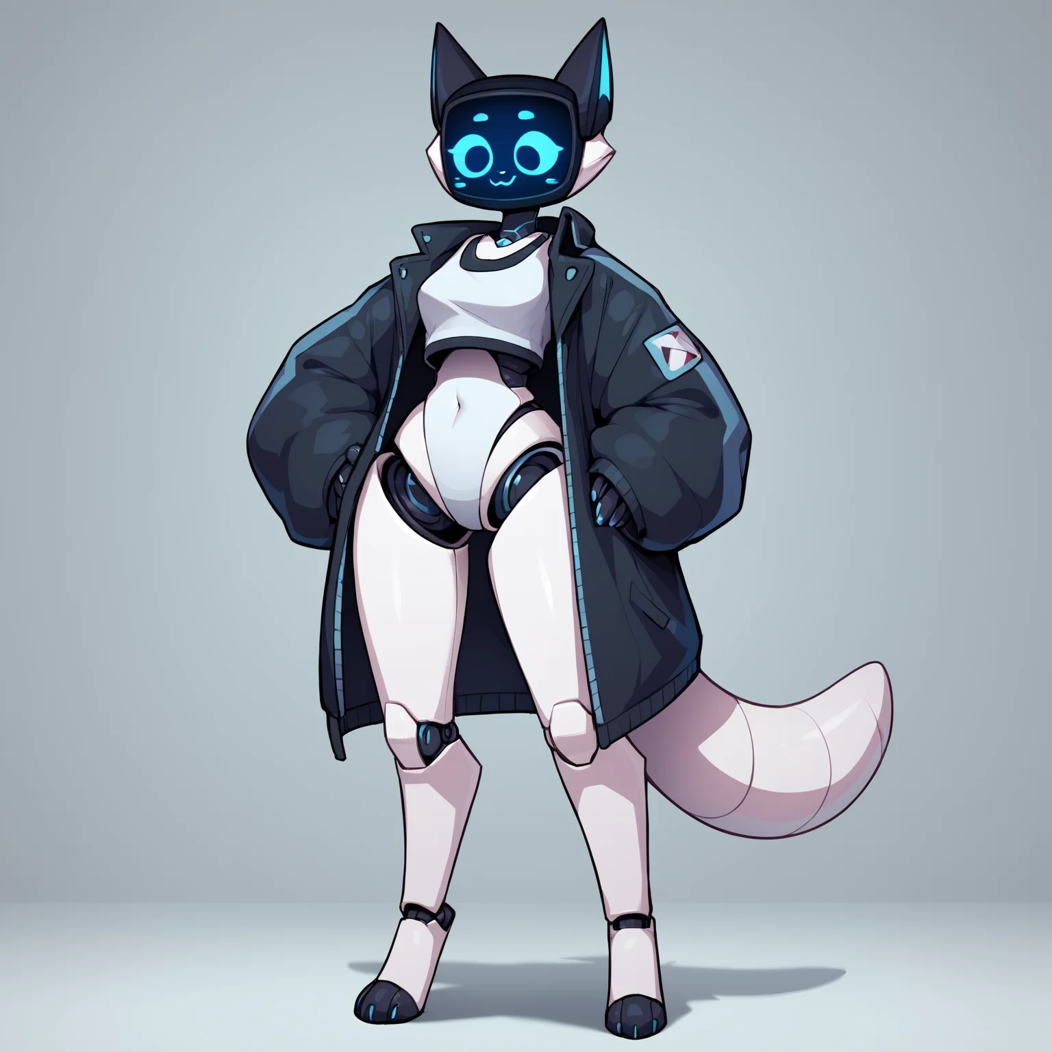 score_9, score_8_up <lora:Kerfus-PONY:0.8> kefus, anthro, robot joints, white body, screen face, female, solo, full body, standing, looking down, oversized jacket, open jacket, arms out, smile