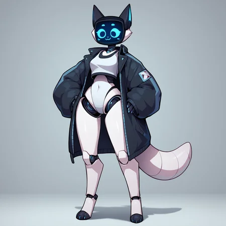 score_9, score_8_up <lora:Kerfus-PONY:0.8> kefus, anthro, robot joints, white body, screen face, female, solo, full body, standing, looking down, oversized jacket, open jacket, arms out, smile