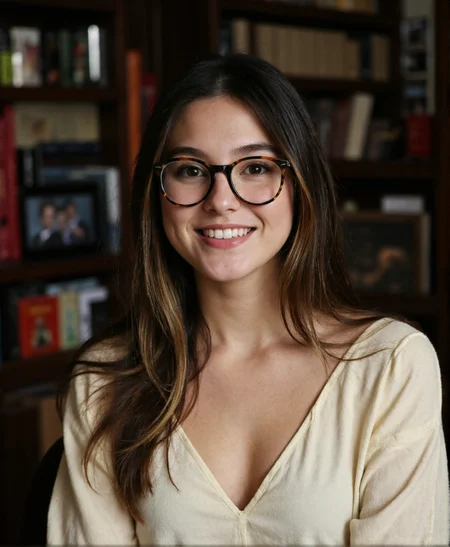 A cinematic, naturalistic portrait of a young woman in a cozy vintage bookstore, radiating warmth and nostalgia. She has long, dark-blonde hair with a soft shine, cascading over her shoulders, catching the subtle overhead light. Her radiant, youthful face features smooth skin, a natural blush, and a warm, cheerful smile. Oversized tortoiseshell glasses frame her large, expressive eyes, adding a charmingly intelligent and approachable vibe. The lenses reflect soft light, enhancing the realism and depth of her gaze. She wears a simple yet elegant creamy blouse with a subtle V-neckline, complementing the relaxed atmosphere. Behind her, a slightly blurred background of vintage books and magazines adds depth, with earthy tones and a soft, grainy texture evoking a 1990s film aesthetic. Dim, warm lighting creates a serene and intimate mood. Captured in a candid moment mid-smile, she exudes genuine warmth and timeless charm. The composition blends soft focus, natural colors, and subtle lighting for a beautifully nostalgic and inviting visual. <lora:iPhonePhoto2:0.867>,  <lora:Flux_Skin_Texture:0.865>, <lora:amateurphoto-6version:1>, <lora:jj_Flux:1> ,<lora:fur_detailer_v1:1>
