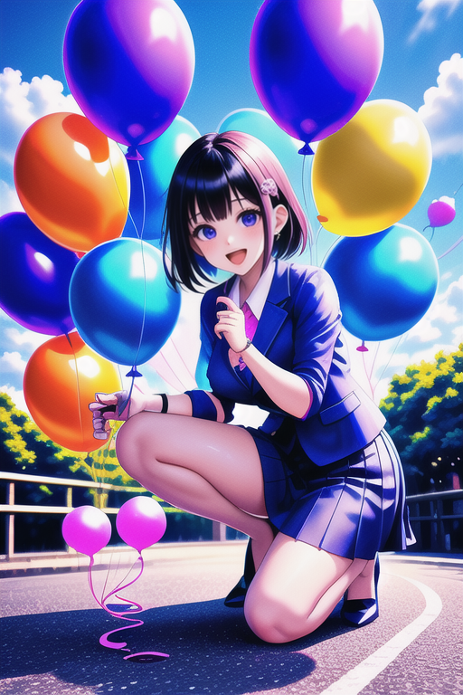masterpiece,best quality,(kawaii cute 1girl giving balloon to viewer, one knee:1.3),(luminous neon colorful balloons:1.35),(extend right arm to viewer:1.4),(big balloon:1.4) in right hand,bluesky,sun lighting,outdoor,trees,cumulonimbus,business suit,open mouth,gorgeous high heels,large breasts,mini skirt,(souvenir shop background),lots of items,scenery  <lora:LCM_LoRA_Weights_SD15:1>