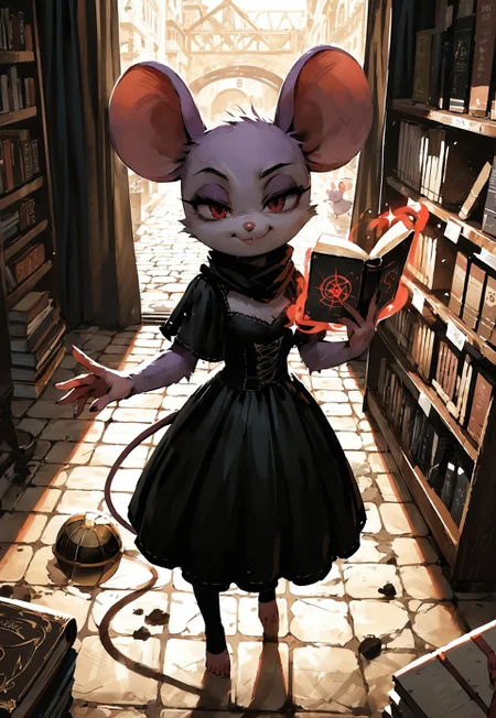score_9, score_8_up, score_7_up, embedding:urn:air:pony:embedding:civitai:332646@509253, detailed background, concept art, realistic, dark theme, low light, solo, bald, perfect face, (fur along side:1.3), perfect fingers, (torso shot), (anthro mouse girl), thinking, toes, red eyes, fluffy:0.8, (black scarf), dynamic pose, (mouse tail:1), perfect tail, standing beside table, ((holding books)), (floating crystal ball), table, ((magic store background)), magic spell, black gothic dress, light purple fur, bottomless, smug, coy look, cobblestone wall, stacks of books on the floor, curtains, casting spell, broom against wall, dynamic pose, from above,