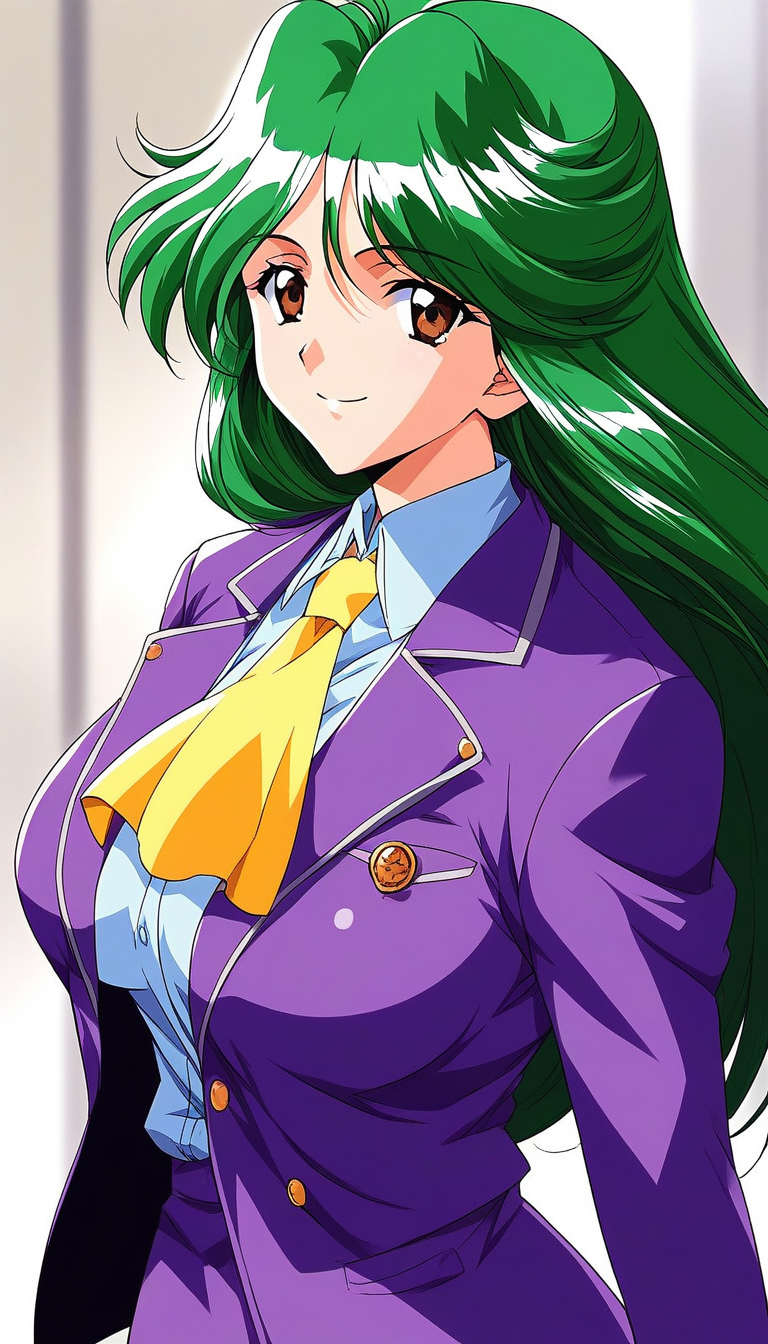 score_9, score_8_up, score_7_up, source_anime, rating_explicit, BREAK  <lora:Asou_Kasumi_XL:1> AsouKasumi, solo, green hair, long hair, brown eyes, large breasts, bangs,
smile,
purple jacket, Yellow ascot, upper body, looking at viewer