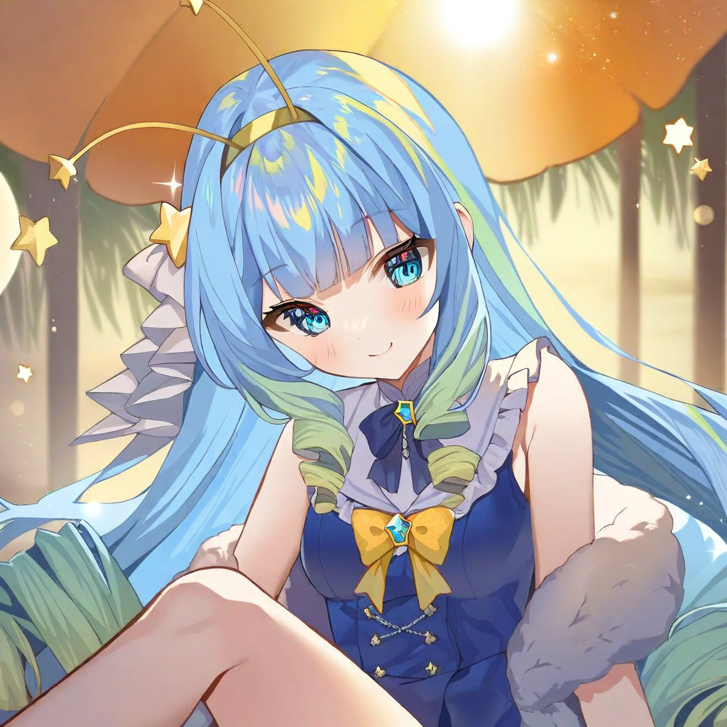 by teffish, jelly hoshiumi, 1girl, 2D anime, solo, blush, smile, blue eyes, very long hair, blue hair, small breasts, drill hair, blunt bangs, green hair, star (symbol), gradient hair, short antennae with stars on the ends, yellow bow, star hair ornament, yellow hairband, hair ornament BREAK
(one piece bathing suit:1,5), wearing a parka:1.5),relaxing, beach, sea, sunny day  <lora:Jelly_Hoshiumi_XL:1>