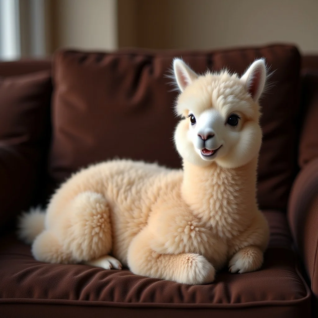 A very fluffy baby alpaca lying on a dark brown sofa, funny, humorous, cutew