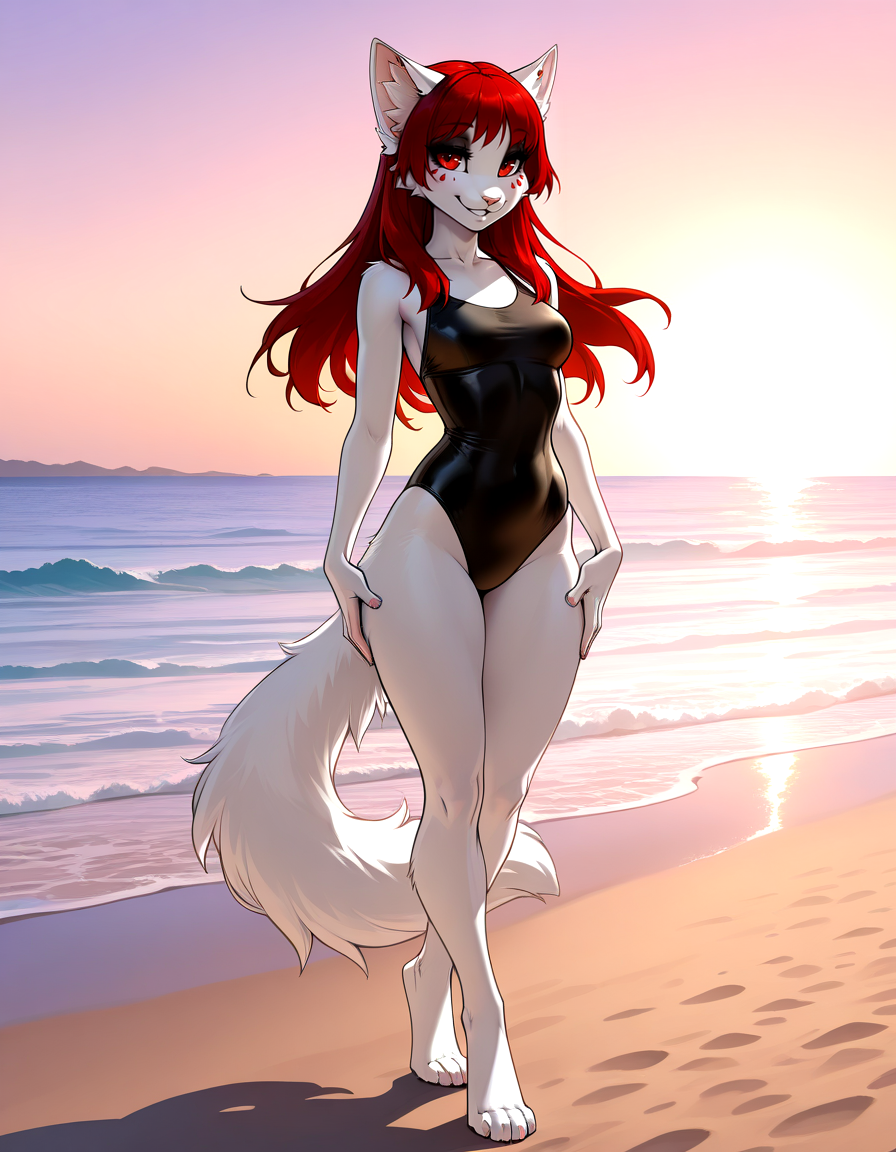 masterpiece, best quality,
outdoors, beach, 
standing, posing,
swimsuit, 
full body, seductive smile, parted lips, long eyelashes,
<lora:Seelena_Zorn_v01_ILXL:1>,
Seelena,1girl,solo,furry female,cat girl,cat ears,animal ear fluff,long hair,bangs,red hair,red eyes,snout,animal nose,facial mark,body fur,white fur,cat tail,