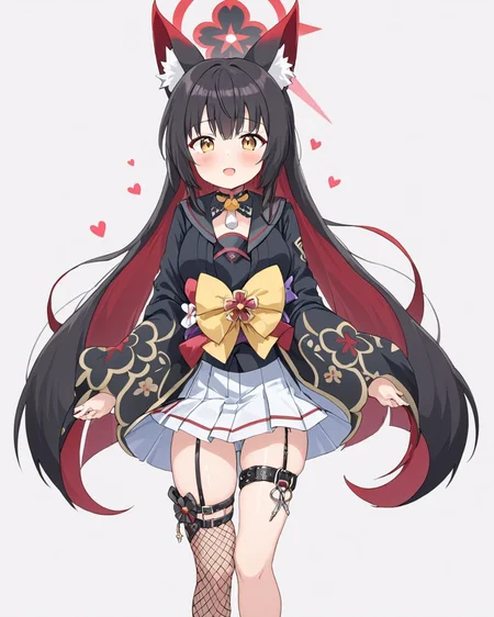 wakamo \(blue archive\),1girl, leash, fox_tail, solo, halo, black_kimono, heart, blush, white_background, simple_background, wide_sleeves, obi, fox_girl, single_thighhigh, animal_ear_fluff, yellow_bow, fishnets, skindentation, tail_bow, open_mouth, thigh_strap, long_sleeves, sweatdrop, floral_print, thighs, white_skirt, cowboy_shot, animal_collar
<lora:wakamo_(blue_archive)_image1639_2023-11-28:1>halo. gorgeous,key visual, vibrant, studio anime,award-winning, professional, highly detailed,high budget, cinemascope