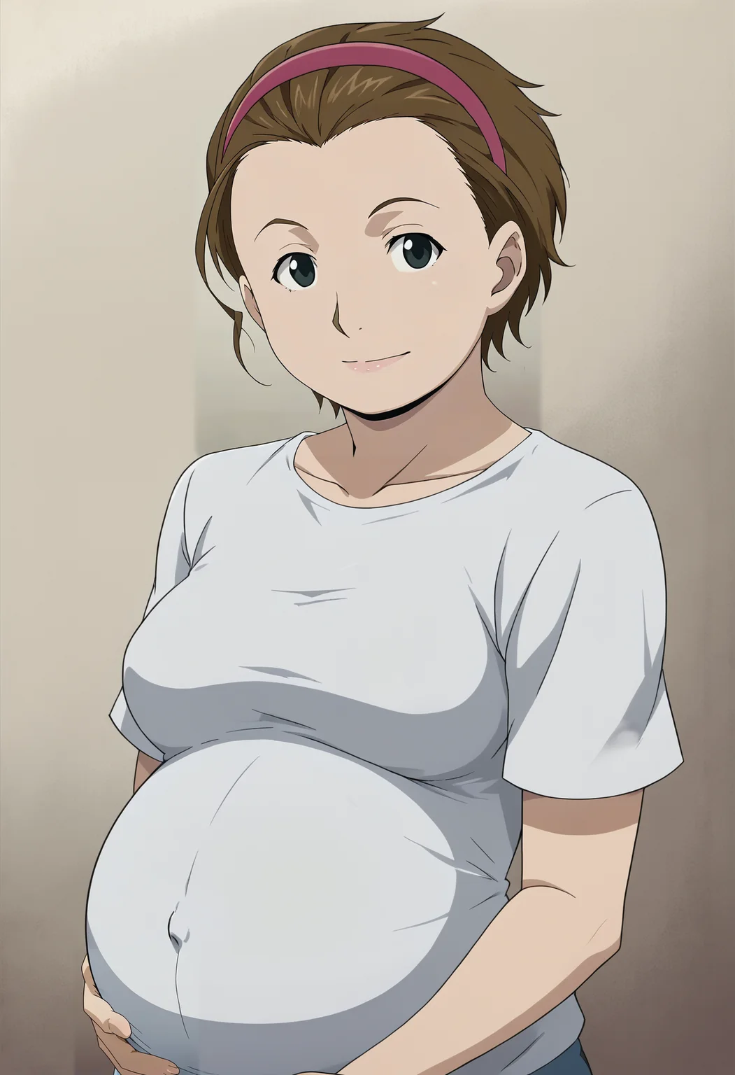 <lora:Satella_LeCoulte-Fullmetal_Alchemist:0.8>,Satella,mature female,1girl,solo,brown hair,hairband,short hair,pregnant,shirt,upper body,looking at viewer,smile