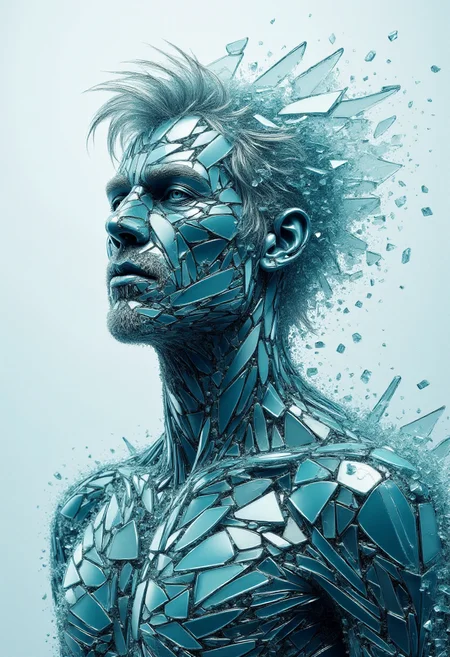 <lora:Glass_Fracture_Former_FLUX-000017:0.9>
This is a digital artwork featuring a stylized, surreal image of a man made entirely of shattered glass.