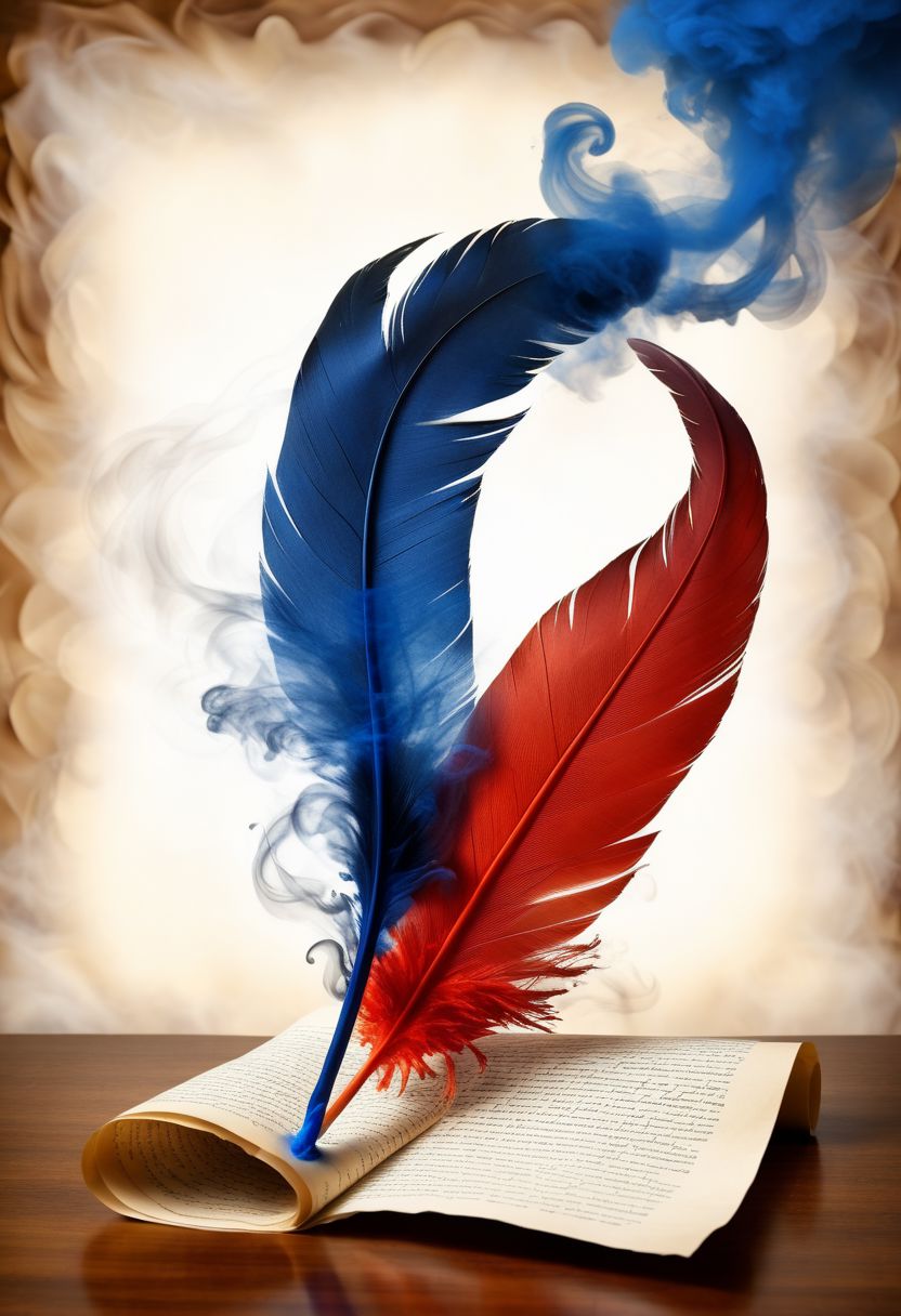 mysterious phoenix feather gliding through the air, feather dissolving into smoke, single drop of deep blue ink dropping from the tip of the feather into a half full ink pot while an old piece of aged paper scroll with beautiful writing and burning edges is hovering in the middle of it all, lightrays backlighting glorious feather, burning paper scroll dissoliving into smoke, lightrays backlighting smoke, fading blue red background, by Minjae Lee, Carne Griffiths, Emily Kell, Steve McCurry, Geoffroy Thoorens, Aaron Horkey, Jordan Grimmer, Greg Rutkowski, amazing depth, double exposure, surreal, geometric patterns, intricately detailed, bokeh,  perfect balanced, deep fine borders, artistic photorealism , smooth,  great masterwork by Suiras  <lora:add-detail-xl:2>  <lora:Double_Exposure:0.5>
