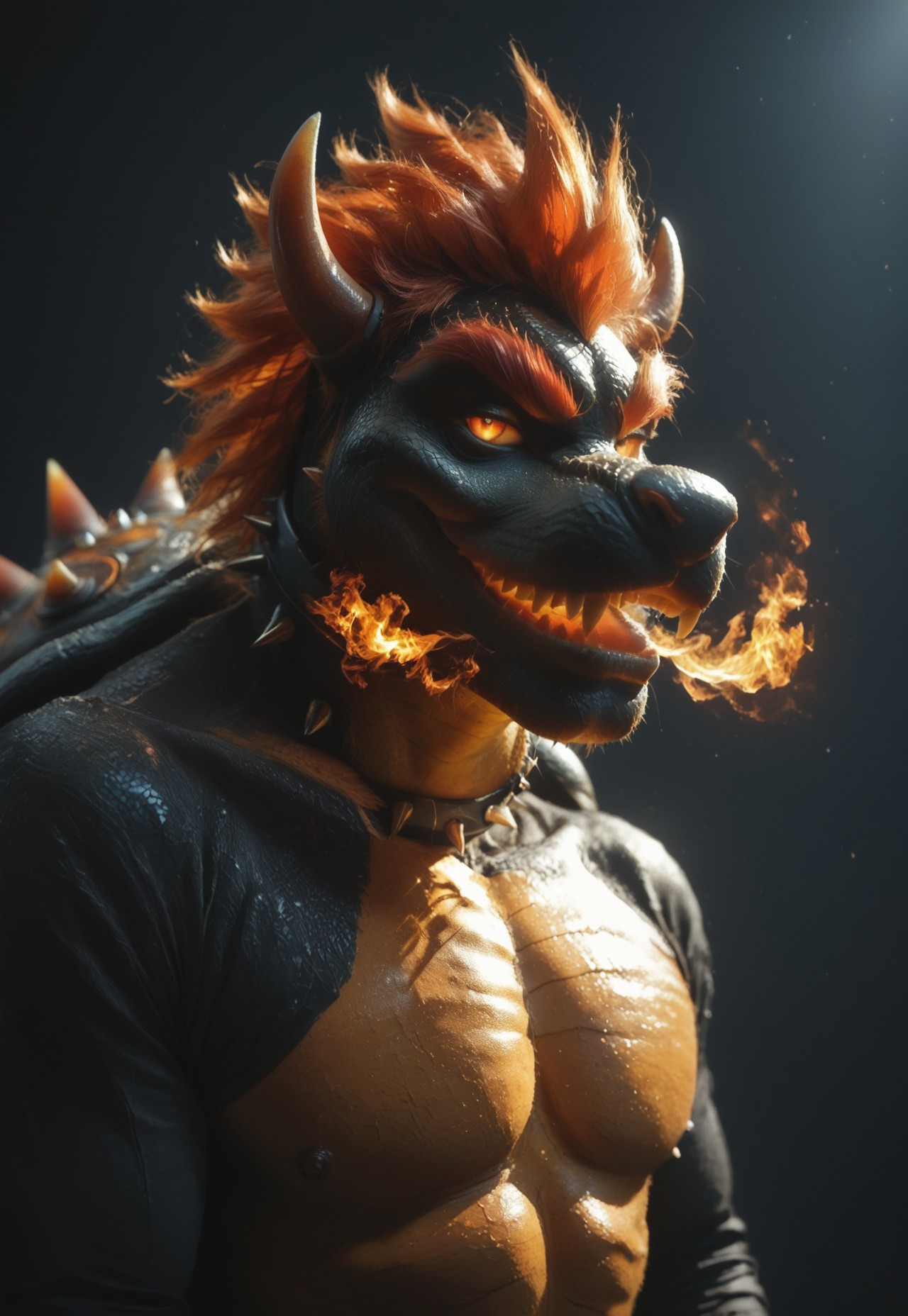 safe_pos, score_9, score_8_up, score_7_up, 1boy, solo, (3DMM), ExpressiveH, (FuryBowser, anthro, male scalie, black body, black scales, red hair, red eyebrows, white eyes, no pupils, spiked collar, spiked shell, fire breathing), looking at viewer, upper body, smile, open mouth, dark background, dungeon background, 4k, masterpiece, best quality, highly detailed, realistic, cowboy shot, nude
