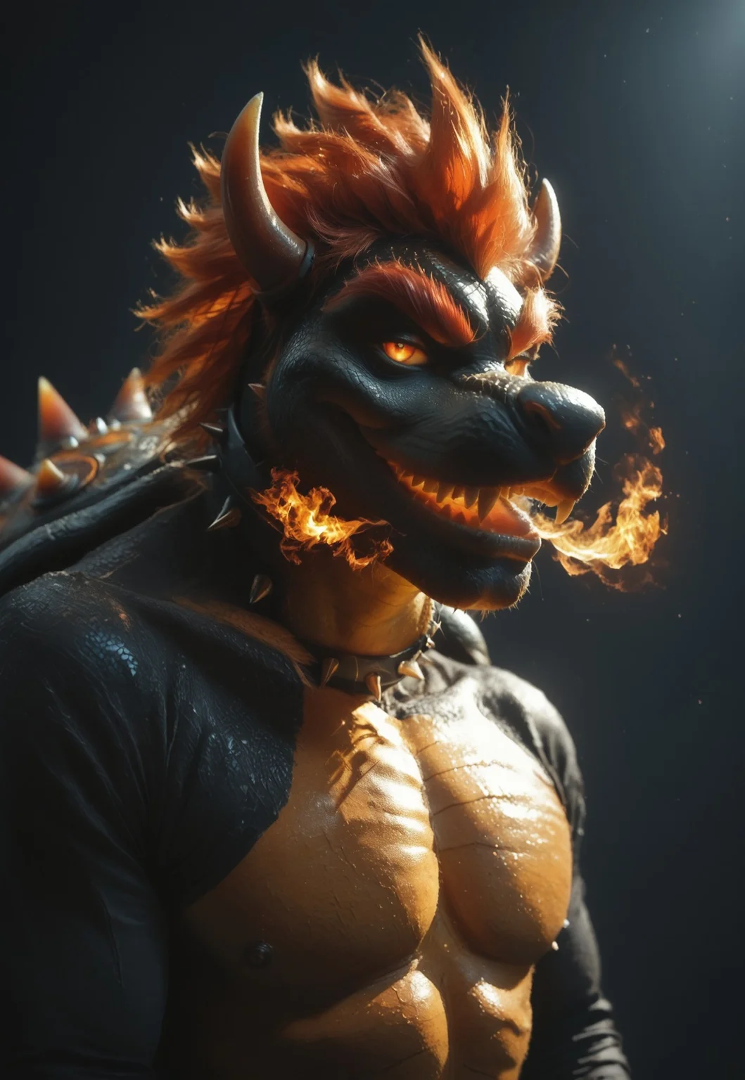 safe_pos, score_9, score_8_up, score_7_up, 1boy, solo, (3DMM), ExpressiveH, (FuryBowser, anthro, male scalie, black body, black scales, red hair, red eyebrows, white eyes, no pupils, spiked collar, spiked shell, fire breathing), looking at viewer, upper body, smile, open mouth, dark background, dungeon background, 4k, masterpiece, best quality, highly detailed, realistic, cowboy shot, nude