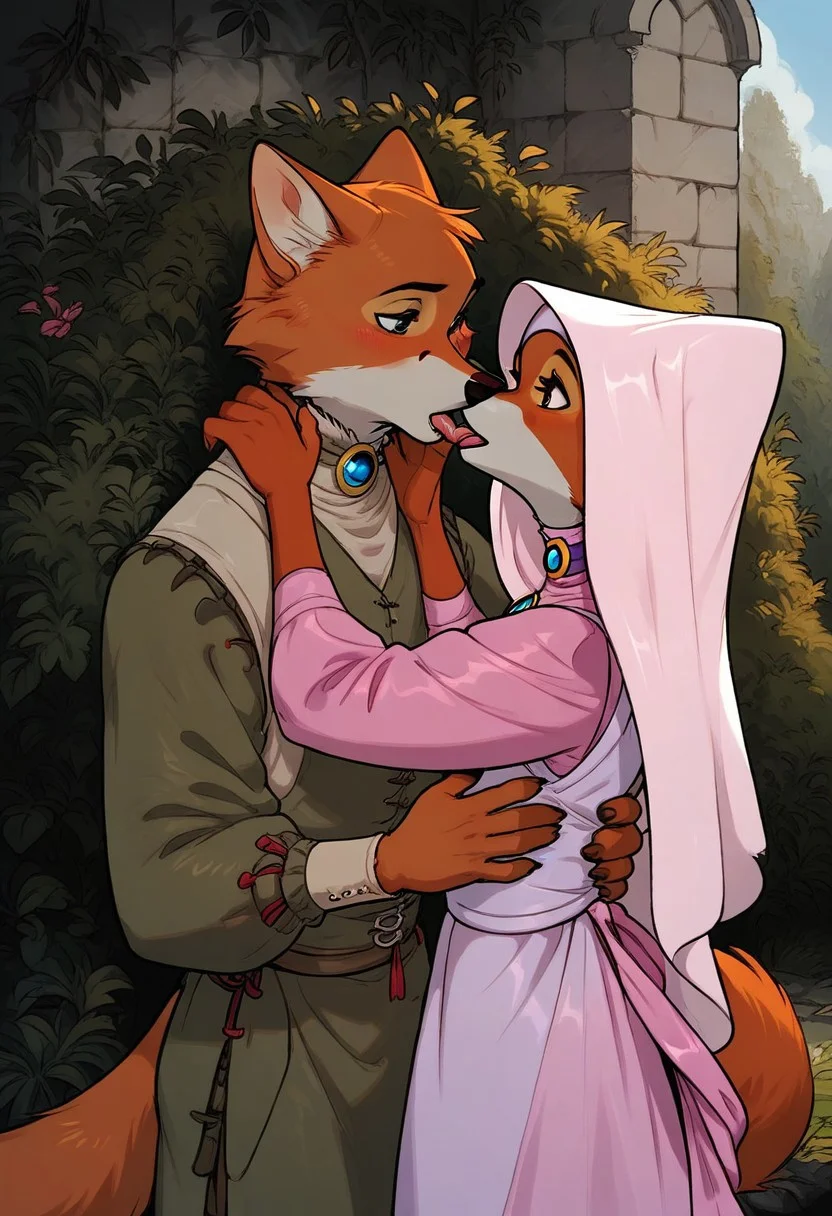 score_9, score_8_up, score_7_up, score_6_up, 1 anthro fox girl, Maid Marian, sexy face, cute face, blue eyes, hazel eyes shy , nose blush, medium boobs, chest up, grey fur, bald, fullbody, (medieval church background:1,2), 3/4 side view, full body view, BREAK, 1boy, Robin Hood, anthro fox, male, forest hunter clothes, BREAK, duo, 2charachters, Robin Hood kisses MAid Marian with french kiss