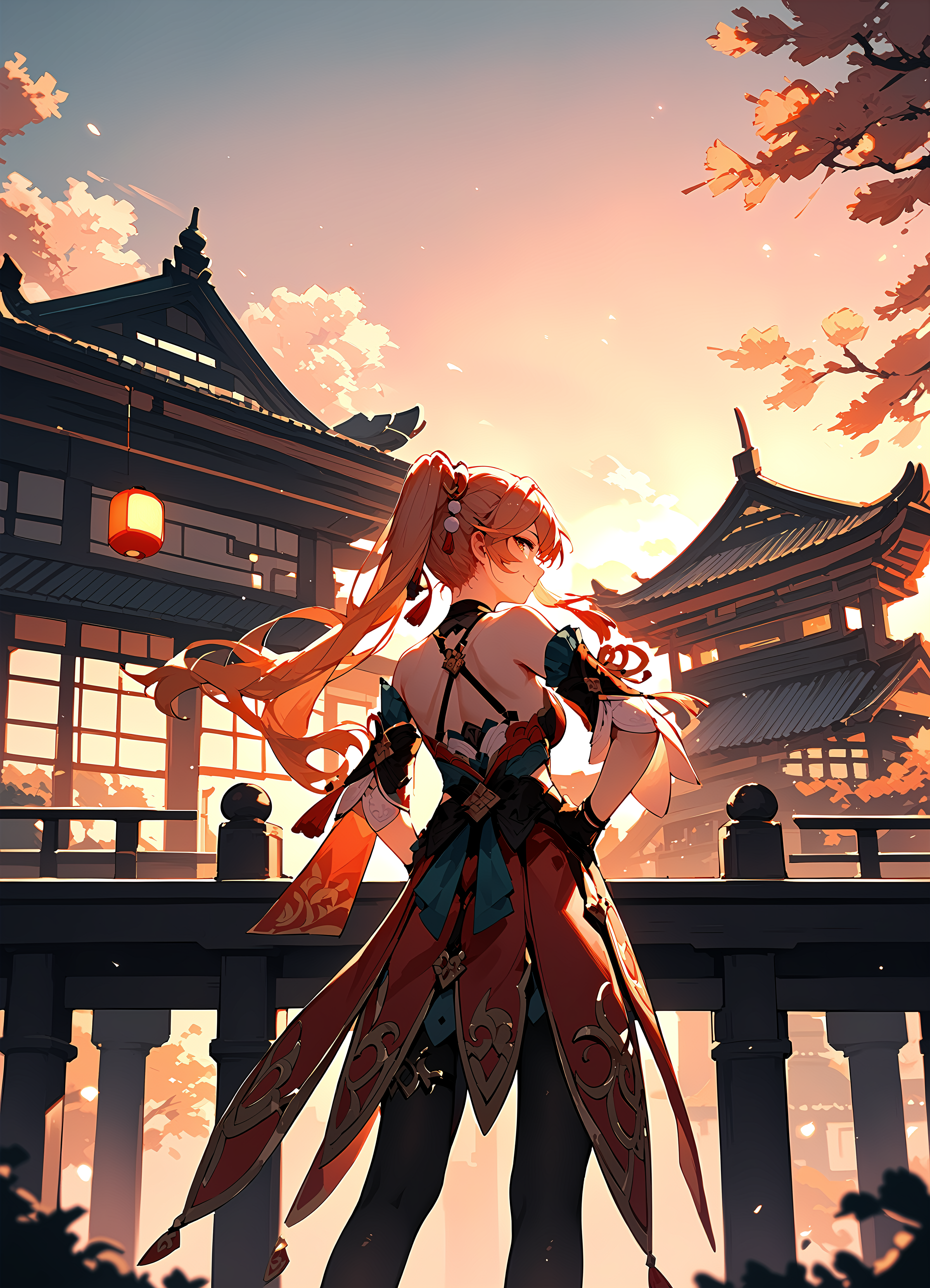 (score_9, score_8_up, score_7_up), 1girl, guinaifen, detached sleeves, black gloves, black pantyhose, standing, from behind, smile, closed mouth, backlighting, east asian architecture, sunset, hand on own hip, <lora:guinaifen-strPO-v1b:0.9>