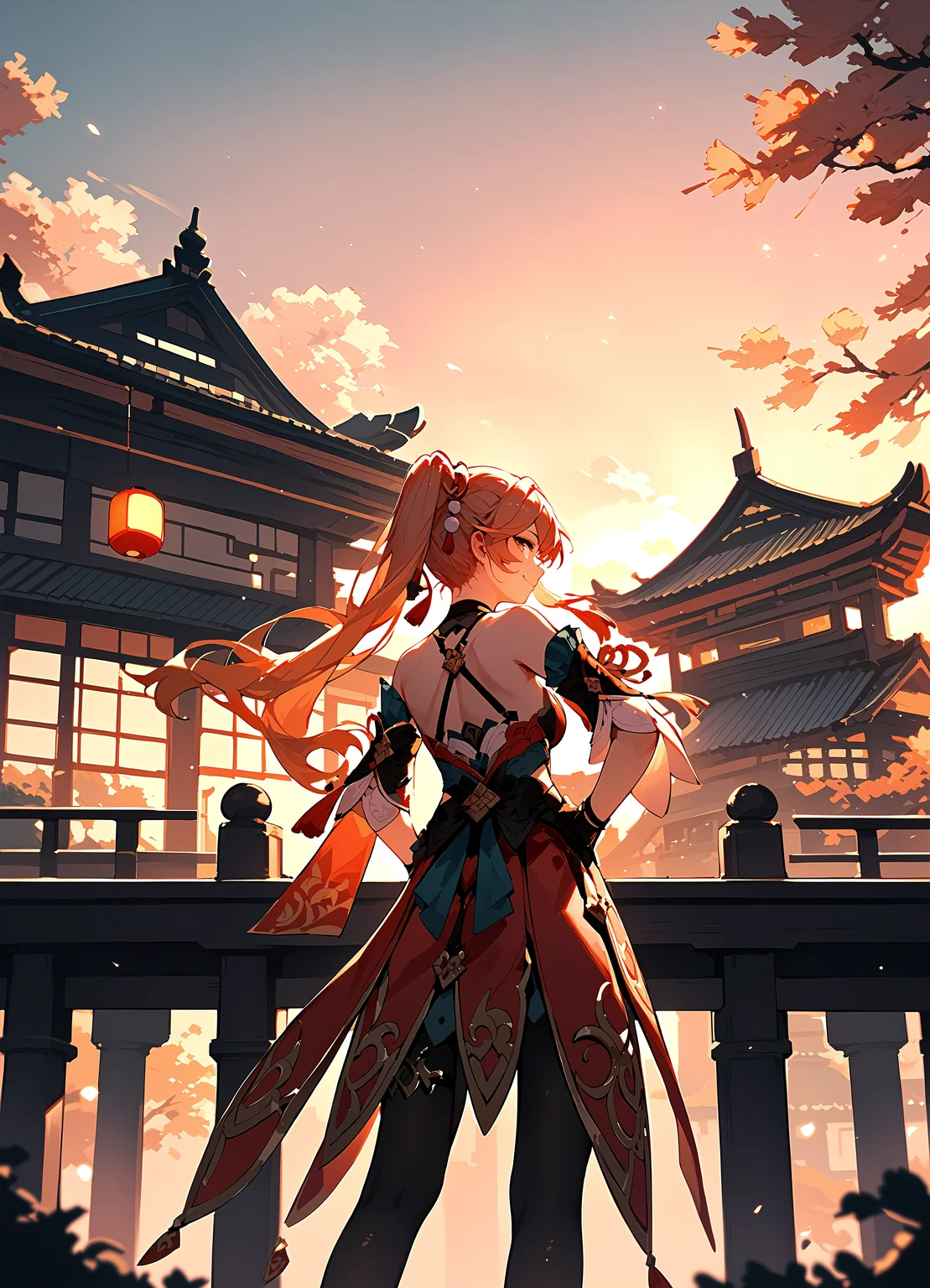 (score_9, score_8_up, score_7_up), 1girl, guinaifen, detached sleeves, black gloves, black pantyhose, standing, from behind, smile, closed mouth, backlighting, east asian architecture, sunset, hand on own hip, <lora:guinaifen-strPO-v1b:0.9>