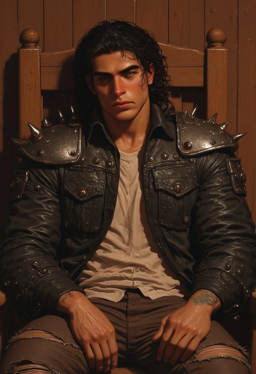 score_9, score_8_up, score_7_up, best quality, fine detail, digital painting, 1boy, solo, long curly wet black hair, muscular, black leather jacket with spikes, shoulder pad, handsome, sitting in a green chair, from above, wearing ripped jeans, wrinkled clothing, worn out tattered clothing, relaxing, carefree, melancholy, very detailed background, gritty, brown background, wood panels, chipped paint, dark blue lighting, deep shadows, vivid detail, perfect hands, interesting composition, 8K, UHD, goonguy, goonstyle