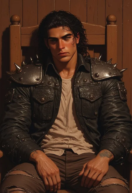 score_9, score_8_up, score_7_up, best quality, fine detail, digital painting, 1boy, solo, long curly wet black hair, muscular, black leather jacket with spikes, shoulder pad, handsome, sitting in a green chair, from above, wearing ripped jeans, wrinkled clothing, worn out tattered clothing, relaxing, carefree, melancholy, very detailed background, gritty, brown background, wood panels, chipped paint, dark blue lighting, deep shadows, vivid detail, perfect hands, interesting composition, 8K, UHD, goonguy, goonstyle