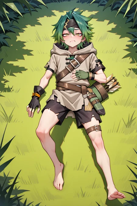<lora:MizerIL:0.5>, by jin (mugenjin), MzeDef, 1boy, yellow eyes, gradient hair, short hair, green hair, headband, black headband, uneven sleeves, tunic, grey tunic, shoulder strap, hood down, hood, gloves, single fingerless glove, mismatched gloves, fingerless gloves, wristband, shorts, black shorts, thigh strap, torn clothes, crossed belts, quiver, barefoot, full body, looking at viewer, laying on back, hungry, growling stomach, hand on own stomach, frown, exasperated, tired, half-closed eyes, masterpiece, very aesthetic, absurdres, best quality, amazing quality, high resolution, newest, very awa, <lora:illustrious_quality_modifiers_masterpieces_v1:0.8> , <lora:ChamIllustriousBackgroundEnhancer:0.5>, (solo),