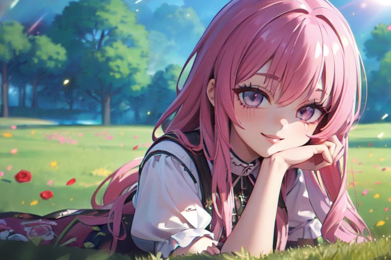 (masterpiece:1.4), 4K8K, (anime style), (high shutterspeed:1.4), (sharp edges), 
SyFyEye1, FanFo, 
1woman  hands togather,  leaning foward, face focus, smile, closed mouth, 
wearing Celtic style dress, (Detailed face, Detailed eyes, Detailed lips), (solo), 
pink hair, any colored roses, Fantastic, grass firld, lakeside,