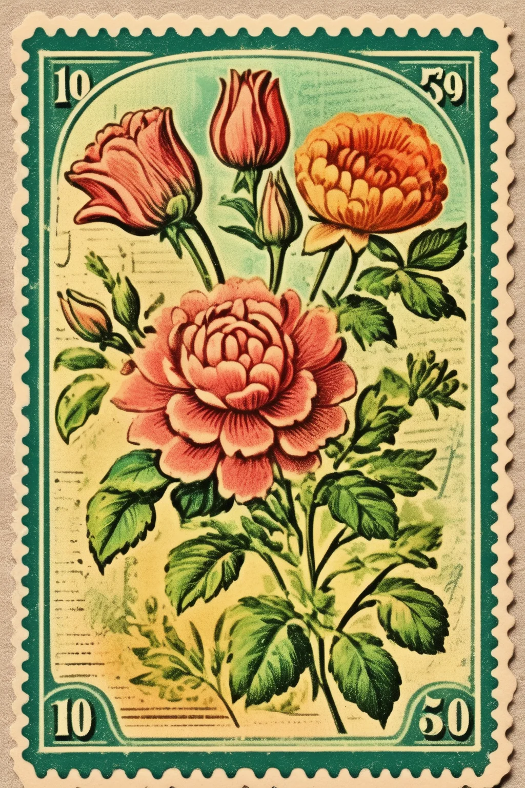 <lora:Vintage Postage Stamps:1>Vintage Postage Stamps - cute vintage floral stamp sticker with border