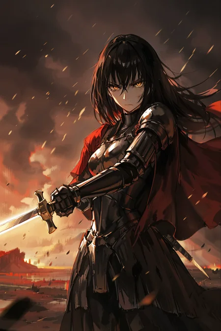 masterpiece,best quality,masterpiece,best quality,
1girl,solo,knight king,holding_sword,straight hair,long black hair,crossed bangs,golden eyes,glaring,armor,red cloak,battlefield,blood,<lora:DInoballXLlokr8f:0.8>,<lora:johnkafkaXLlokr4f:0.4>,