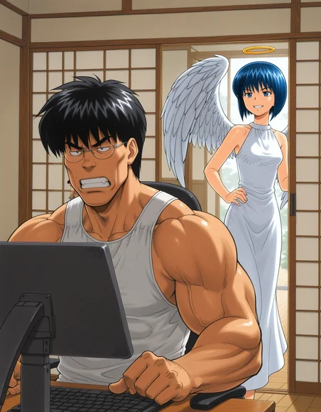 anime artwork <lora:Hyper-SDXL-8steps-lora:1>,(caption:-1.5), (text:-1.5),(logo:-1.5),(key:-1.5),
masterpiece,best quality,highres,
(duo:1.5),
japanese room, (Sliding doors:1.5), (computer:1), desk, office chair, window,
<lora:loveyan_IL:1>
smile,,looking at another, smug,
loveyan 1girl, short hair, blue eyes, blue hair, (wings:1.5), angel, white dress,Angel Halo,
BREAK
angry, clenched teeth,
black hair, (1boy:1),glasses,(super muscular male:1.5), . anime style, key visual, vibrant, studio anime, highly detailed