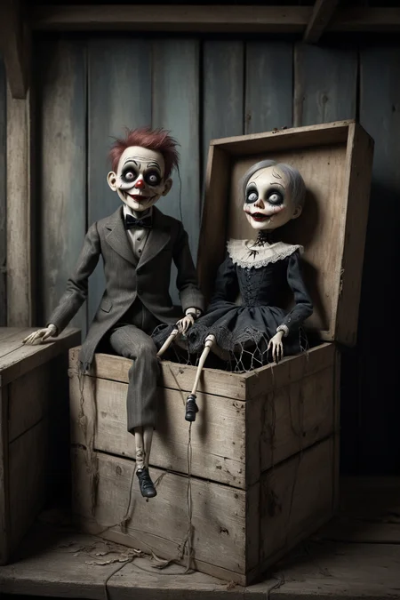 A ventriloquists dummy,old and eerie,emerging from a weathered wooden box in a spooky attic,adorned with vintage marionettes and cobwebs,inspired by the whimsical and macabre style of Mab Graves. Create a hauntingly beautiful and detailed image,using soft and eerie lighting,with a focus on capturing the intricate details of the ventriloquist's expression and the decaying surroundings. Utilize high-quality digital art tools for a mesmerizing and chilling final result.,<lora:luxart:0.6>,