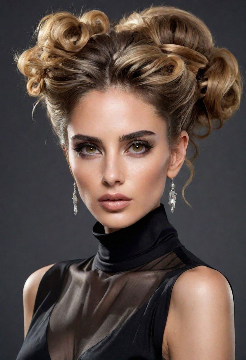 A detailed portrait of a young woman exuding elegance and natural grace. She has a voluminous updo hairstyle with wisps of hair tenderly framing her face. Her hazel eyes are accentuated by tasteful makeup, s. She wears a high-necked black top, suggesting a blend of casual refinement. The lighting should illuminate her face against a subdued background, emphasizing her calm and confident expression. High Fashion, dynamic, dramatic, elegant, High fashion supermodel, avant garde style
fFaceDetaile