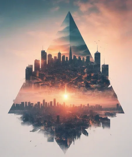 double exposure style,prospect:1 giant trangle,silhouette:city landscape,sunset,Silhouette intensity strong,anime style,<lora:double exposure style:0.67>,