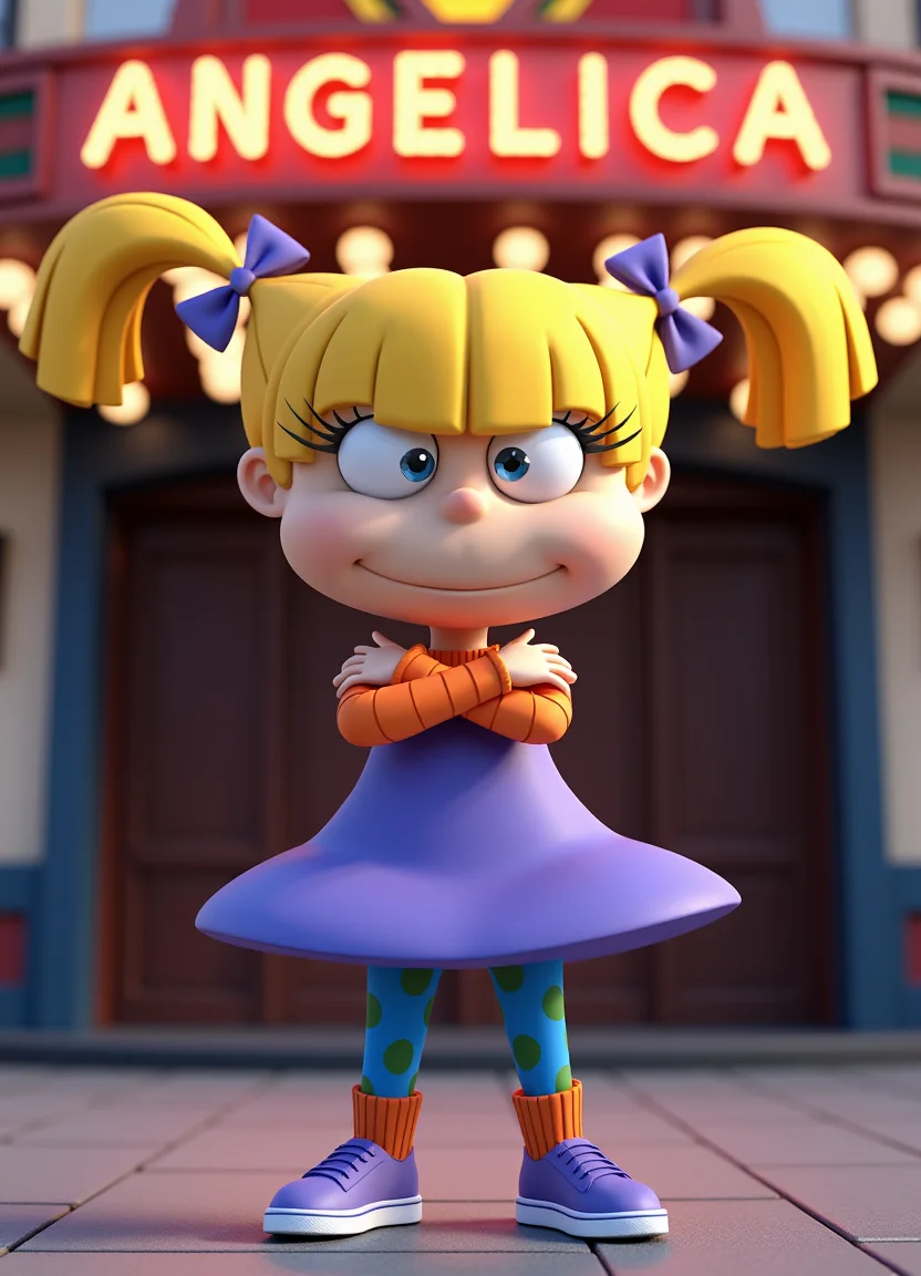A 3d, cgi, detailed upper body portrait in the style of Disney Animation. angflx a little girl with blonde hair, wearing a purple dress, orange sleeves, blue leggings with green dots, orange socks and purple sneakers. Her hair is tied up in two pigtails with purple bows. Her arms are crossed, She is standing right under a movie theatre marquee that says "ANGELICA" in lights at the top of the image.