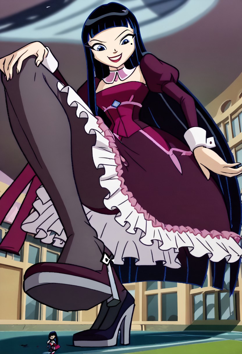 xchimerax, black hair, long hair, blunt bangs, blue eyes, mole under eye, detached collar, short dress, frilled skirt, juliet sleeves, long sleeves, pantyhose, high heels, smiling, winx club, 1girl, solo, full body, imminent_stomp, giantess, macro, view from below