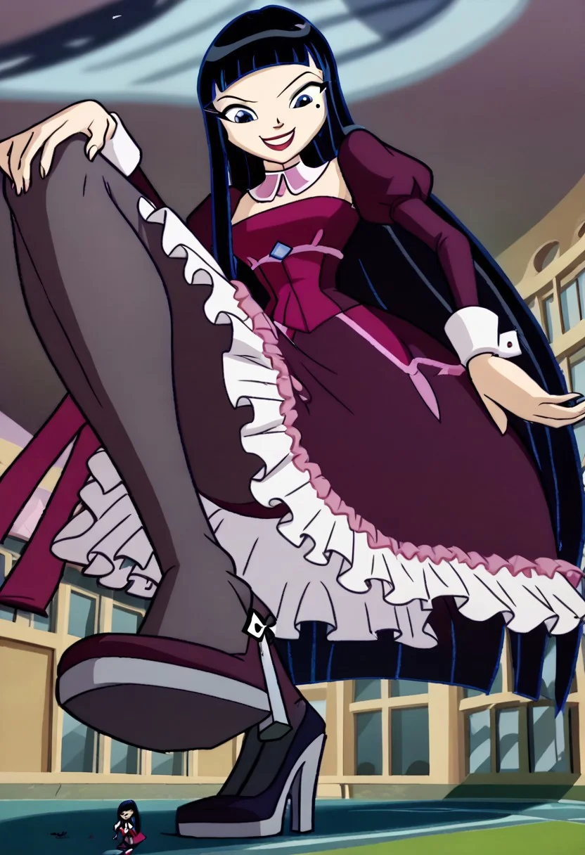 xchimerax, black hair, long hair, blunt bangs, blue eyes, mole under eye, detached collar, short dress, frilled skirt, juliet sleeves, long sleeves, pantyhose, high heels, smiling, winx club, 1girl, solo, full body, imminent_stomp, giantess, macro, view from below