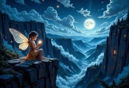 Perched at the very edge of a steep, moonlit cliff, a young girl with ethereal moth wings sits in quiet reverence. Her gossamer wings, patterned with delicate filigree, shimmer softly, dusting the air with faintly glowing specks as they twitch in the gentle breeze. She gazes, mesmerized, at a radiant stone cradled between her palms—a jewel of liquid light that pulses in harmony with her own heartbeat. Her large, luminous eyes reflect the glimmering artifact, flickering with the curiosity of one who has just uncovered a secret of the universe. The world around her is hushed in awe: the trees below sway in reverent whispers, the night sky unfurls its velvety expanse, studded with stars that echo the glow of her treasure. The wind carries a distant melody, soft and full of mystery, as if the cosmos itself holds its breath to watch this tiny guardian of light at the precipice of dreams. pinkmidnightfantasy, Jedwtrexp, watercolor, aidmamj6.1