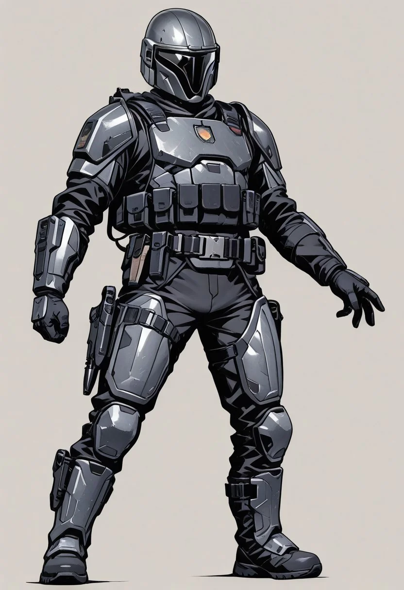 score_9, score_8_up, score_7_up, masterpiece, best quality, very aesthetic, detailed face, (dynamic:1.1), partial illumination, thick linework, illustration, 1male, muscular, black body suit, gray armor, belt, holsters, pouches, tactical knife, sheath, blaster carbine, heavy armor, solo, simple background, shoulder crest, full body view, boot knife, tactical gear,