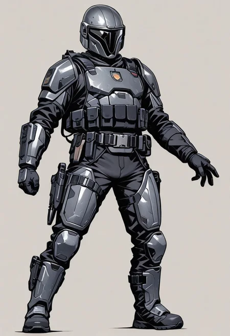 score_9, score_8_up, score_7_up, masterpiece, best quality, very aesthetic, detailed face, (dynamic:1.1), partial illumination, thick linework, illustration, 1male, muscular, black body suit, gray armor, belt, holsters, pouches, tactical knife, sheath, blaster carbine, heavy armor, solo, simple background, shoulder crest, full body view, boot knife, tactical gear,